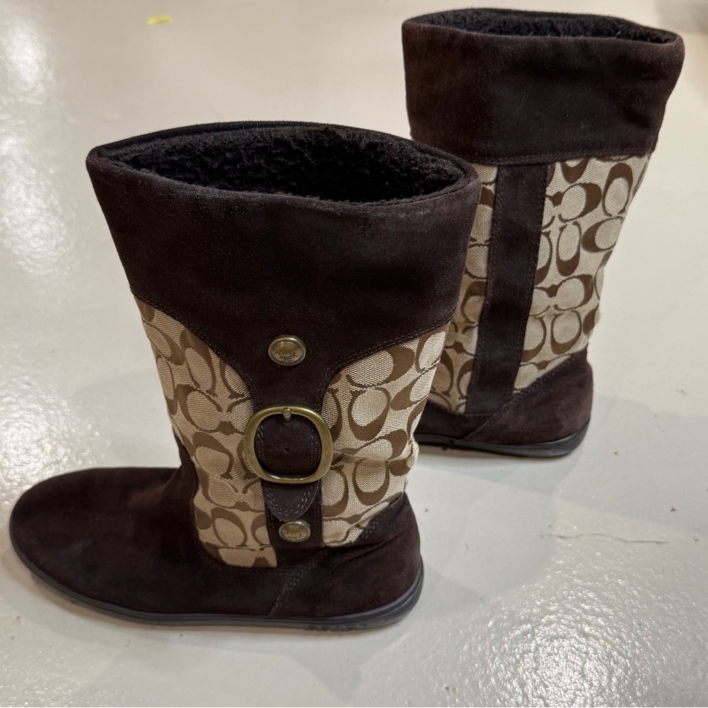 Coach Brown Signature Suede and Logo Mid-Calf Boots - Picture 3 of 14
